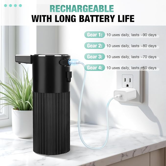 2 Pack Automatic Soap Dispenser: 14oz Plastic - Foaming Touchless 4 Level Adjustable Wall Mount Foam Black Rechargeable Electric Auto Smart Soap Dispenser Set - Bathroom Kitchen Hand Dish Lotion