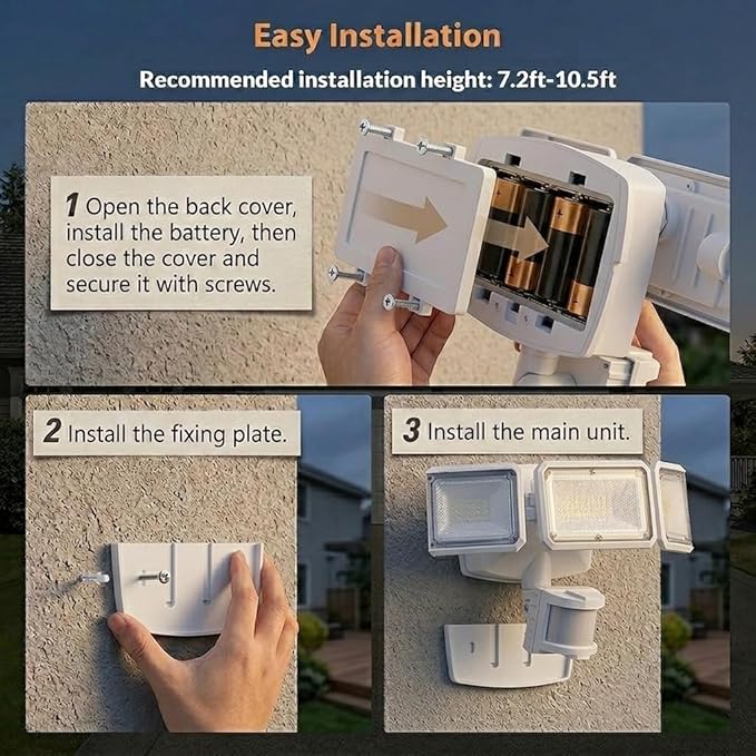 LEPOWER Battery Powered LED Flood Light Outdoor,1500LM Motion Sensor Security Lights, IP65 Waterproof,Wireless Flood Light Battery Operated,3 Head Motion Detector Light for Garage,Yard,Porch(White)