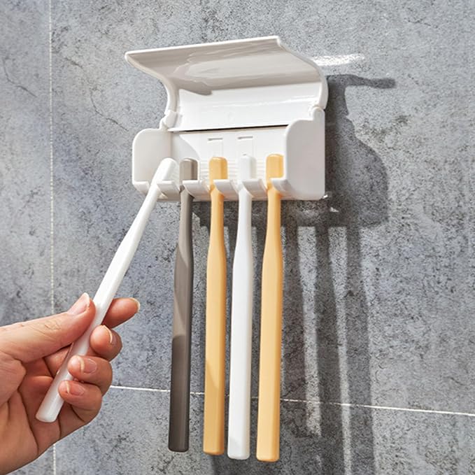 Toothpaste Dispenser Wall Mounted 5 Toothbrush Holder with Automatic Toothpaste Squeezer Dispenser Anti-dust Toothbrush Holder Bathroom Accessories for Kids (White 1Pack)