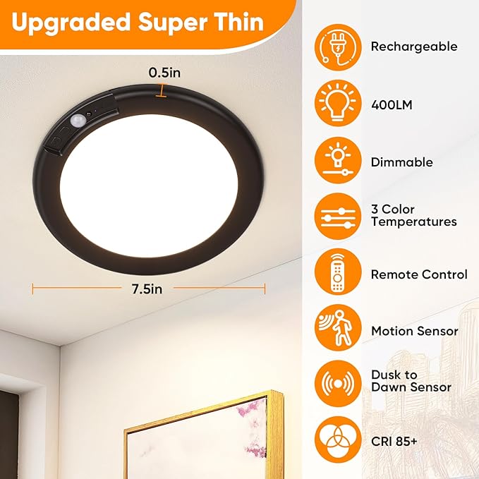 2-Pack Rechargeable Motion Sensor Ceiling Lights with Remote, Battery Operated Ceiling Lights No Wiring, Wireless LED Ceiling Lights, 3 Colors Dimmable Overhead Lamps for Closet Shower Hallway, Black