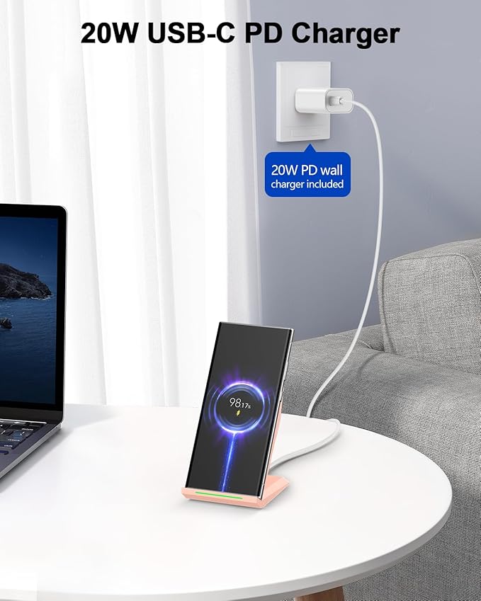 Wireless Charger with USB C Phone Charger, Charging Stand with 20W PD Adapter Compatible with iPhone 17/17 Air/16/15/14/13/12, Phone Charging Dock for Samsung Galaxy S26/S26+/S25/S24/S23/S22/S21