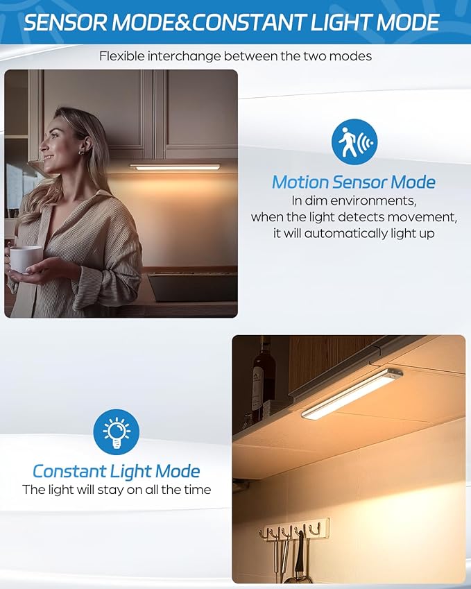 HIBOITEC Motion Sensor Cabinet Light 2500mAh 2 Packs Rechargeable 54LED Under Counter Closet Lighting, Wireless Night Light for Cabinet, Drawer, Wardrobe, Kitchen, Hallway