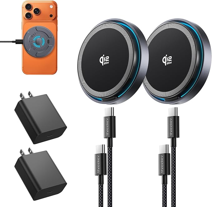 THREEKEY Qi2.2 25W MagSafe Charger: 2 Pack Fast Wireless Charging Pad for iPhone 17/16/15/14/13/12 Pro Max & AirPods, Magnetic Wireless Charger with Cooling Fans, 6.6ft Cable(35W Adapters Included)