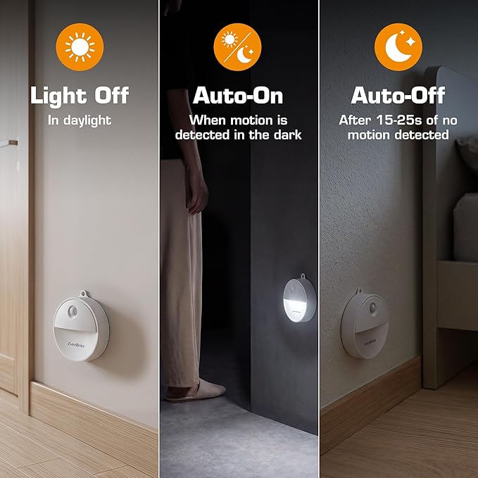 EverBrite LED Motion Sensor Night Light, Automated On & Off, Cool White Motion Activated LED Night Light for Kitchen, Bathroom, Stairs, Bedroom - with 18 AAA Batteries, 6-Pack