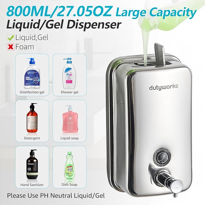 Stainless Steel Soap Dispenser - 800ml Large Capacity, Easy Wall Mount Installation, Soap Dispenser for Bathroom & Kitchen - Ideal for Commercial, Household, Office Use