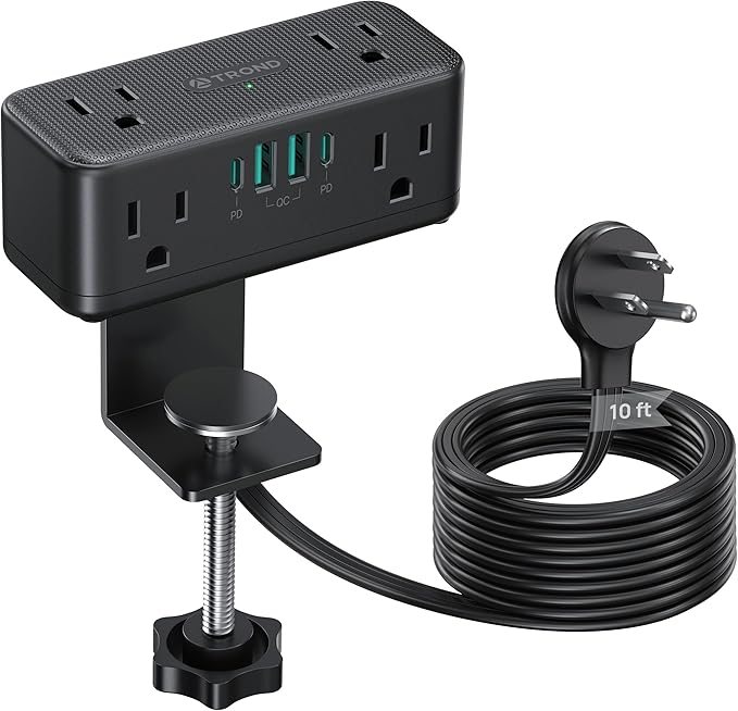 TROND Small Footprint Desk Clamp Power Strip with USB C PD 20W, Flat Plug Extension Cord Surge Protector 10ft, 6 Wide Space Outlets 4 USB, Fit 2.16" Tabletop Edge, Home Office Desk Accessories, Black