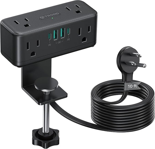 TROND Small Footprint Desk Clamp Power Strip with USB C PD 20W, Flat Plug Extension Cord Surge Protector 10ft, 6 Wide Space Outlets 4 USB, Fit 2.16" Tabletop Edge, Home Office Desk Accessories, Black