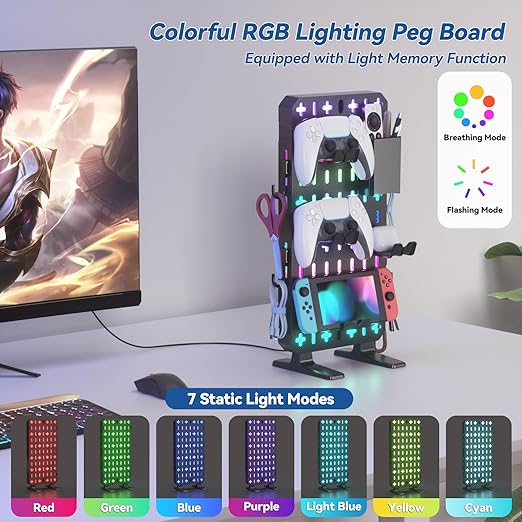 KDD 6 in 1 RGB Gaming Desk Accessories - No Drill Desk Organizer with Phone Stand/Storage Box/Headset & Controller Holder/Hooks, Freestanding Gaming Pegboard for Office & Home Desktop Decor Organizer
