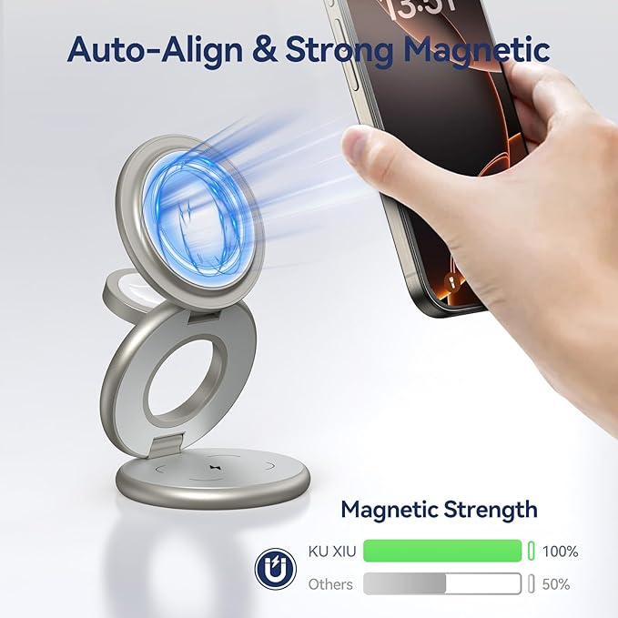 KU XIU X63 Natural Titanium 3 in 1 Charging Station for Apple, Aluminum Alloy Foldable Magnetic Wireless Charger, Travel Stand for iPhone 17/16/15/14/13/12, Apple Watch & AirPod,with 20W Adapter