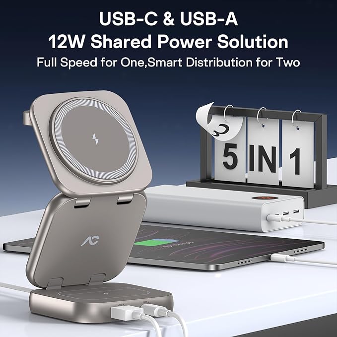 5-in-1 Wireless Charger for MagSafe, AC ISLAND Portable Travel Charging Station, 35W Max Qi2 Fast Foldable Magnetic Stand, Evolved for iPhone 17-12 Series, Apple Watch, AirPods (with 35W Adapter)