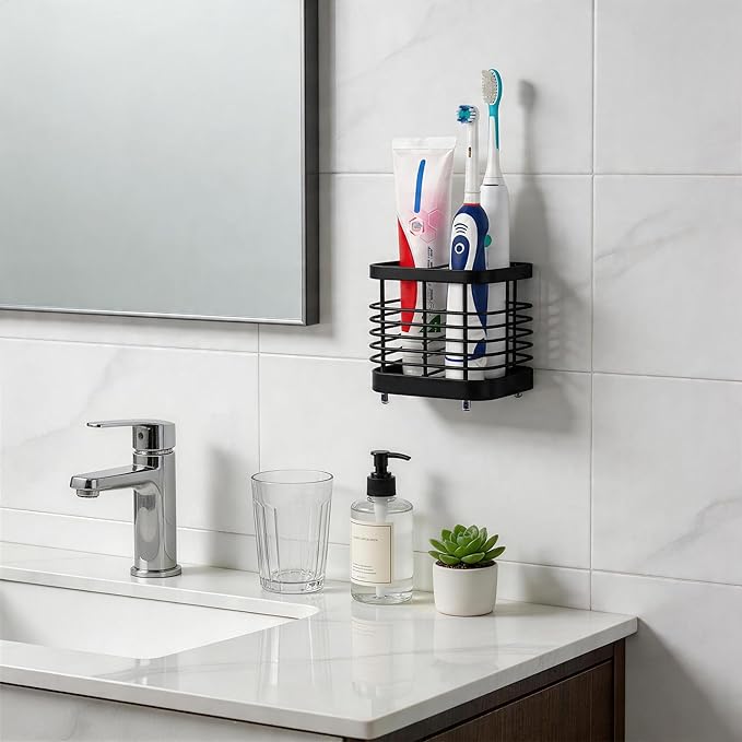 2 Slots Wall Mount Toothbrush Holder for Bathroom, Stainless Steel Toothbrush and Toothpaste Holder Organizer, Electric Toothbrush Holder Self Adhesive Wallmount/Countertop Organizer(Black)