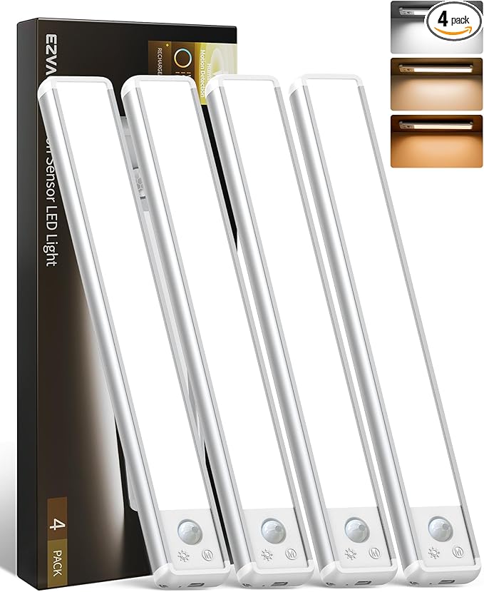 EZVALO 8-Inch LED Under Cabinet Lighting, Magnetic Wireless Motion Sensor Light, Rechargeable 1800mAh, 3 Color Temperatures & Dimmable, for Kitchen, Closet, Pantry, Stairs