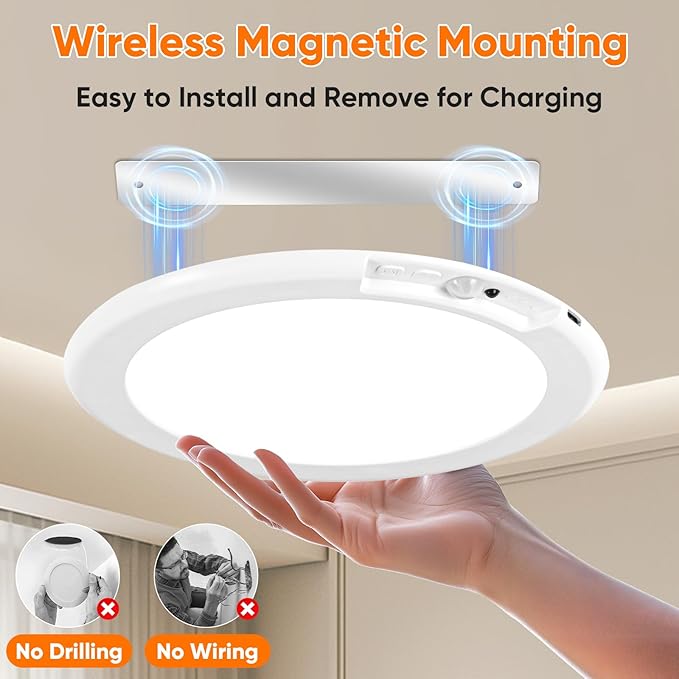 Rechargeable Motion Sensor Ceiling Light with 12 RGB Colors and Cool White Lights, Battery Operated Shower Lamp with Remote, Magnetic Motion Sensor Shower Light for Closet Bathroom Hallway Porch