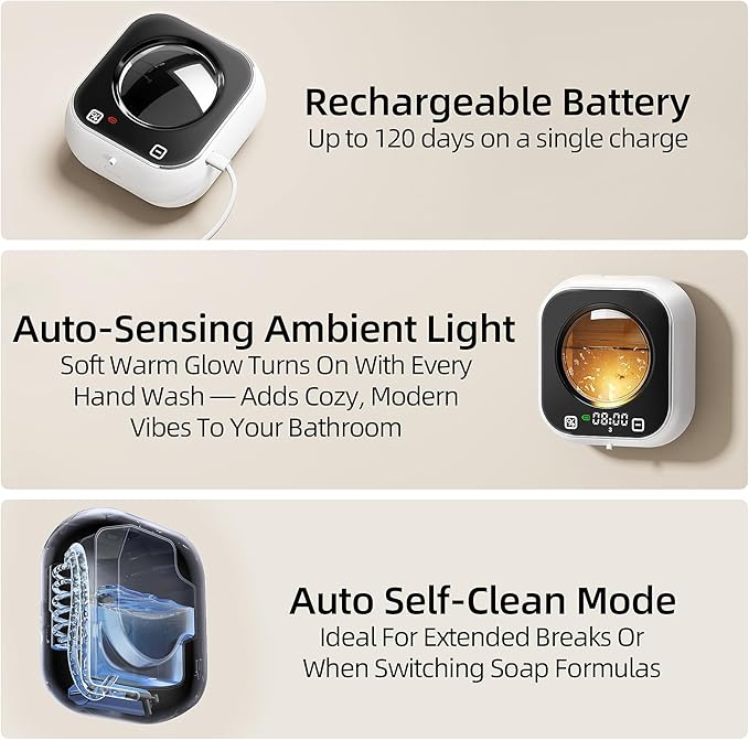 Automatic Foaming Soap Dispenser, Wall Mounted Soap Dispenser, 320ML Electric Smart Touchless Rechargeable, 5 Adjustable Foam Levels, No-Drill Waterproof for Bathroom, Kitchen, Office (White)