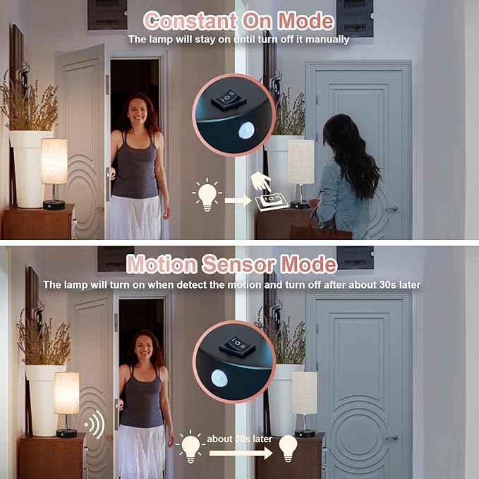 lifeholder Table Lamp with Motion Sensor and Constant on Mode, USB Lamp Include Warm White Bulb, Built in USB Port & AC Outlet, Bedside Lamp Idea for Bedroom Retro Cream