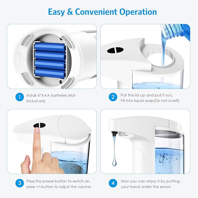 AMIR 12.5oz Touchless Automatic Soap Dispenser, Battery Operated Automatic Liquid Hand Soap Dispenser, Adjustable Volume, Water-Resistant for Kitchen and Bathroom