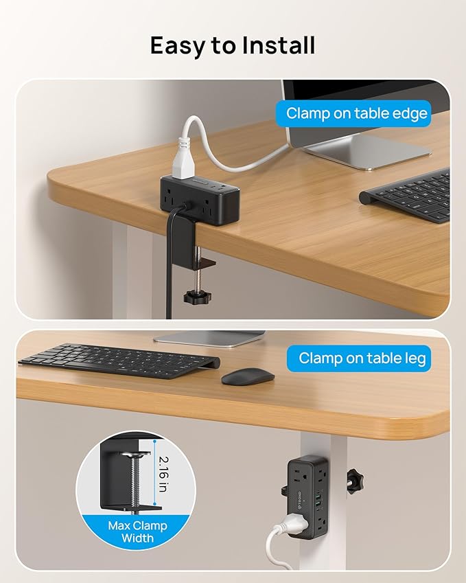 TROND Small Footprint Desk Clamp Power Strip with USB C PD 20W, Flat Plug Extension Cord Surge Protector 5ft, 6 Wide Space Outlets 4 USB, Fit 2.16" Tabletop Edge, Home Office Desk Accessories, Black