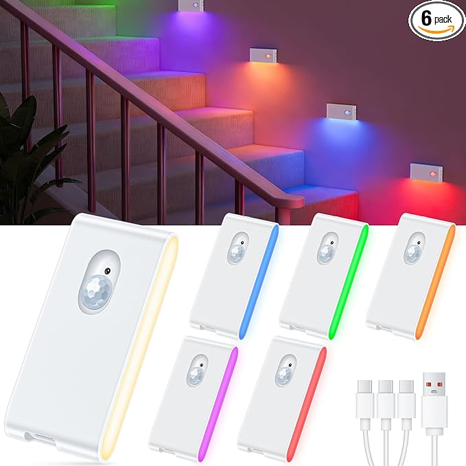 WILLED Stair Lights Indoor, RGB & Warm White Motion Sensor Night Light, Color Changing Motion Sensor Light Indoor, Rechargeable Night Light for Stair,Hallway,Bathroom,Cabinet,Closet,Kitchen,6 Pack