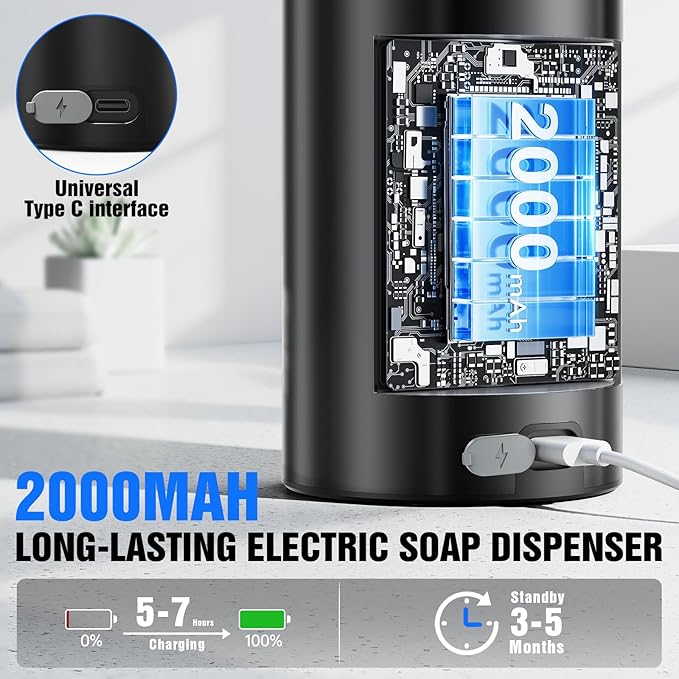 Fantictas Automatic Foaming Soap Dispenser Touchless, Stainless Steel 11.5 oz 3 Levels Adjustable Hand Soap Dispenser with Rechargeable Sensor Pump for Kitchen & Bathroom Liquid Soap,Black