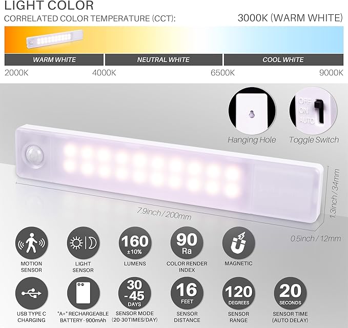 STAR-SPANGLED Under Cabinet Lighting Rechargeable, 8 inch Motion Sensor Lights Indoor Battery Operated, USB Stick on LED Magnetic Closet Light for Counter, Stairs, Kitchen, Warm White, 2 Pack
