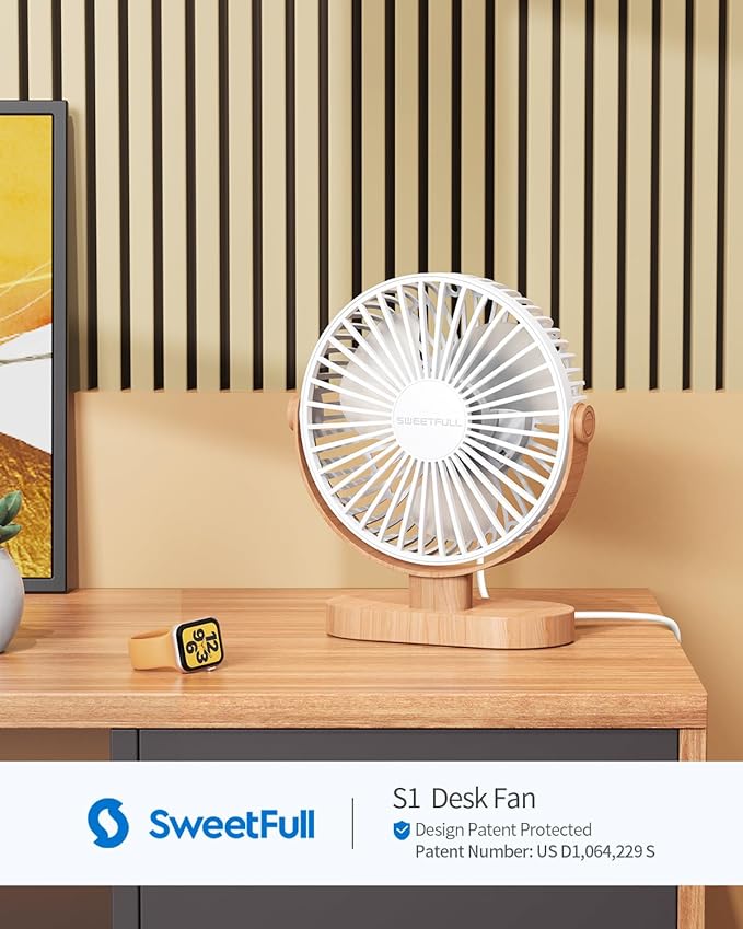 SWEETFULL Small USB Desk Fan 6.5 Inch, 3 Speeds Portable Personal Desktop Table Fan, Dual 360° Adjustment Mini Fan, Quiet Operation, for Home Office Car Outdoor Travel (White wood grain)