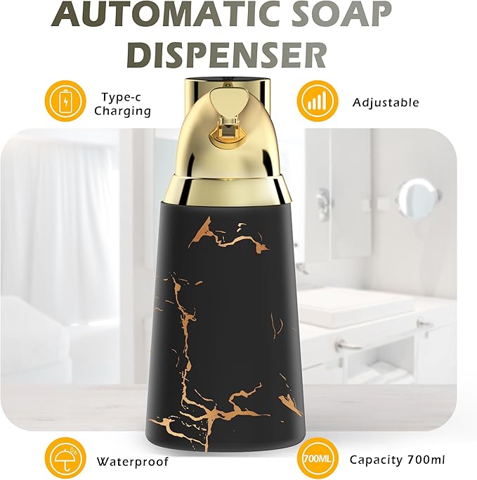 Adjustable Automatic Soap Dispenser Touchless, Ceramic Material，4 Adjustable Levels， Type-c Rechargeable Operated Sensor Liquid Soap Pump，Touch-Free Hand Sanitizer Dispenser (Black Gold)