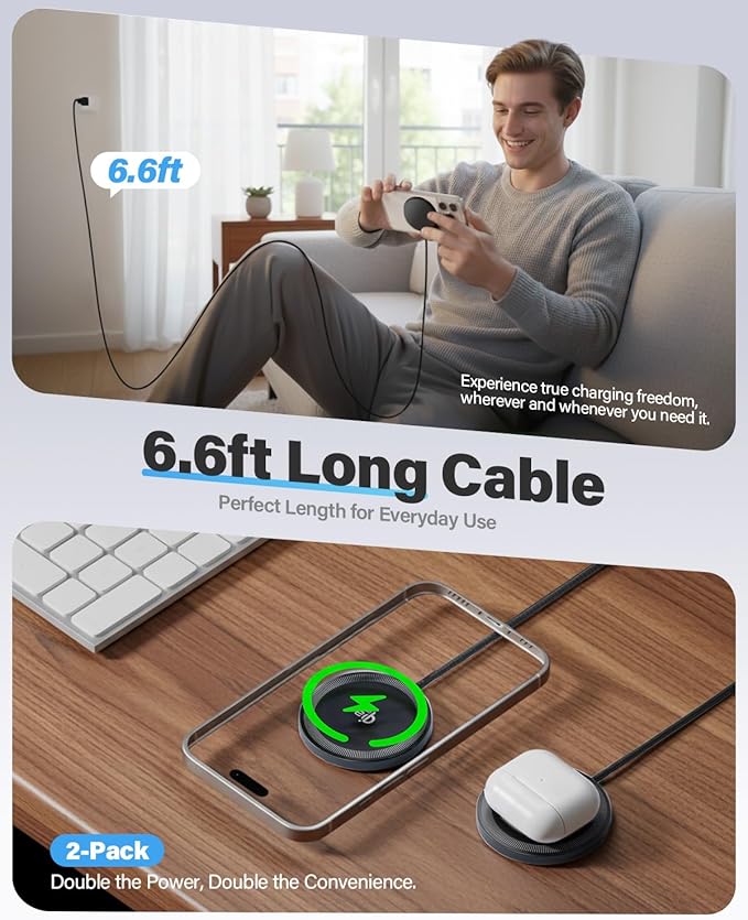 2Pack Magnetic Wireless Charger 25W Fast Charger for iPhone 17/16/15/14/13/12 Series & AirPods, Portable Wireless Charging Pad for Travel Home Office Desk, 6.6FT-Black with Plugs