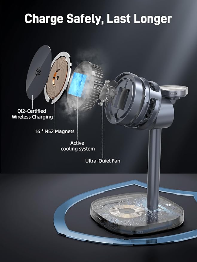 Magnetic Wireless Charger for Samsung, Qi2 Android Charging Station with TEC Cooling Fan, 3 in 1 Nightstand Organizer for Samsung Galaxy S26 Ultra, Galaxy Watch Ultra 8, Buds4 Pro