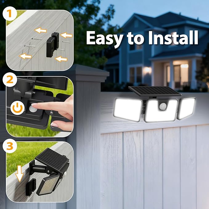 INCX Solar Motion Sensor Lights Outdoor, 3 Heads Security Lights Solar Powered, 156 LED Flood Light Motion Detected Spotlight for Patio Yard Garage Entryways, IP65 Waterproof 4 Pack