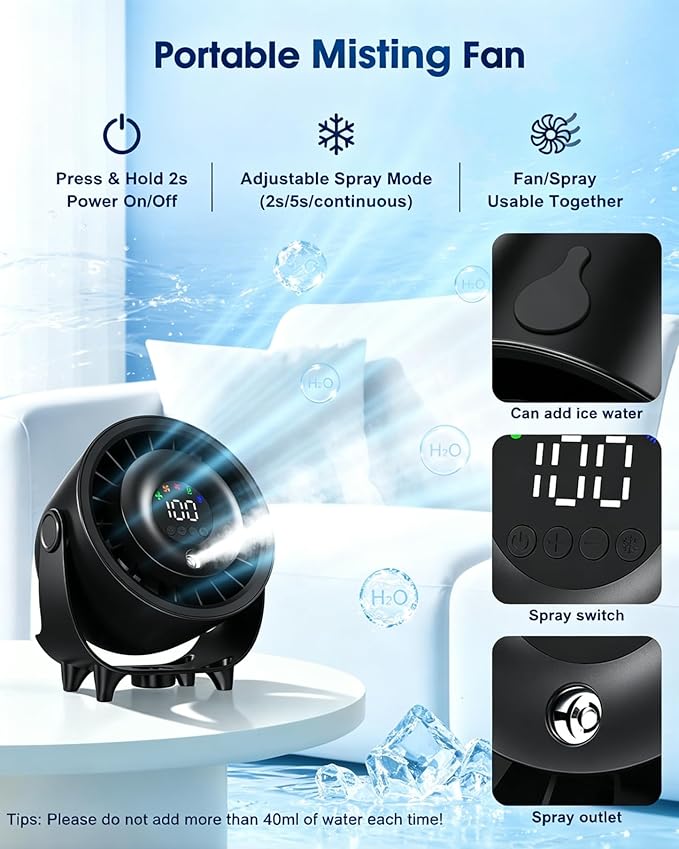 Ouddy Mode Small Desk Fan, 4000mAh Portable Misting Quiet Table Fan with Digital Display, Wall-Mouted Design USB Rechargeable Desk Fans for Office Bedroom Home Travel Outdoor Black