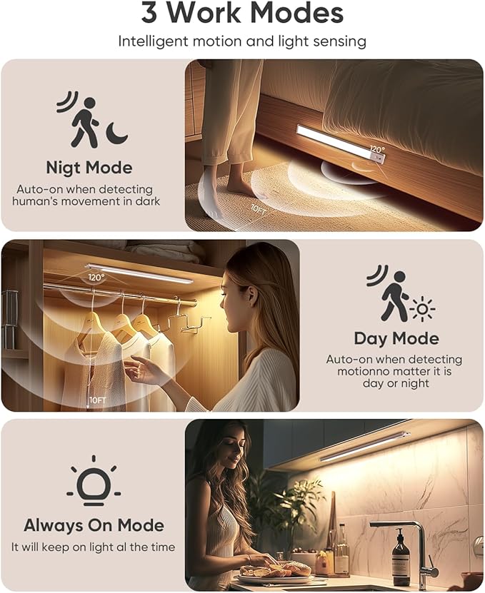Under Cabinet Lighting Wireless, Rechargeable LED Motion Sensor Light Indoor, Closet Lights with Remote, Timer, 3 Color Temps & Dimmable Magnetic Under Counter Lights for Kitchen, Stairs, 4 Pack