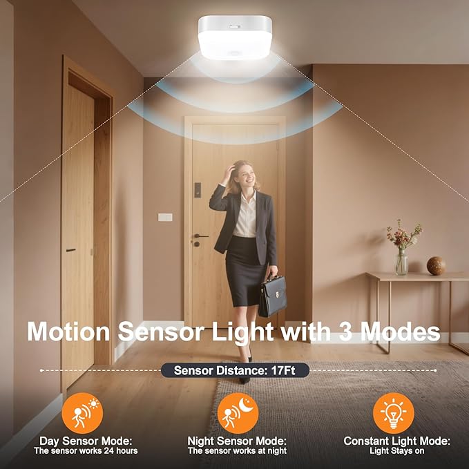 Yunaking Rechargeable Ceiling Light with Motion Sensor: Battery Operated LED Closet Light with Remote & Timing - Wireless Dimmable Magnetic Mount Shower Lamp for Bathroom/Stairs/Garage/Hallway