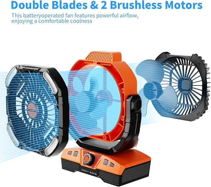 WESTTREE 20000mAh Camping Fan Oscillating Portable Fan Battery Powered Fans Rechargeable Camping essentials with Light Hook, 270° Pivot USB Desk Battery Operated Outdoor Tent Travel