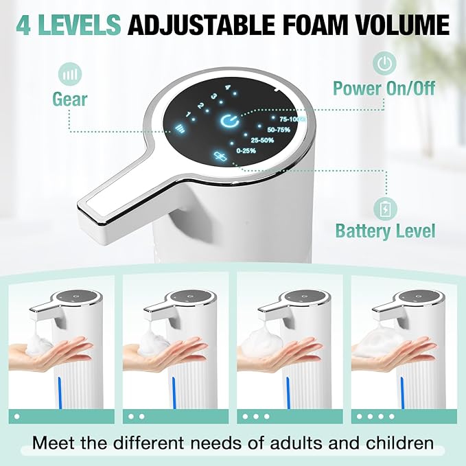 2 Pack Automatic Soap Dispenser: 14oz Plastic - Foaming Touchless 4 Level Adjustable Wall Mount Foam White Rechargeable Electric Auto Smart Soap Dispenser Set - Bathroom Kitchen Hand Dish Lotion
