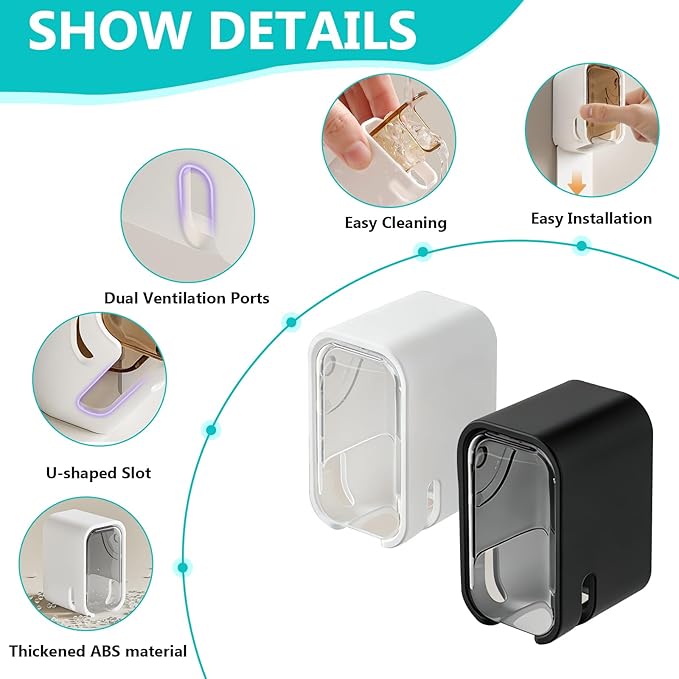 4 Pack Toothbrush Holders for Bathroom, Self Adhesive Wall Mounted Toothbrush Holder with Cover, Single Toothbrush Dispenser Storage Organizer for Family, Travel, Waterproof and Dustproof (Black)