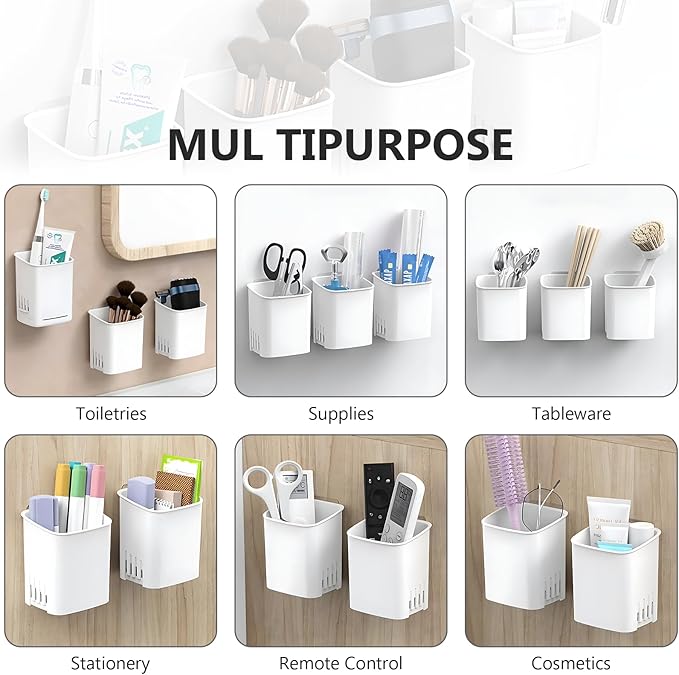 Toothbrush Holder Cup Wall Mounted Drill-Free for Bathroom Shower Electric Toothbrush Toothpaste Razor Holder Removable Waterproof Sturdy Self Draining, Tableware Holder for Kitchen(1pcs&White)