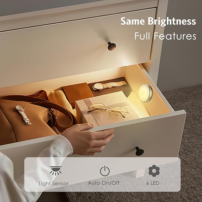 AMIR 3.15” Motion Sensor Light, 6 Pack Cordless Battery-Powered LED Night Light, Stick-Anywhere Closet Lights Stair Lights, Safe Lights for Hallway, Bathroom, Bedroom, Kitchen (Golden - Warm White)