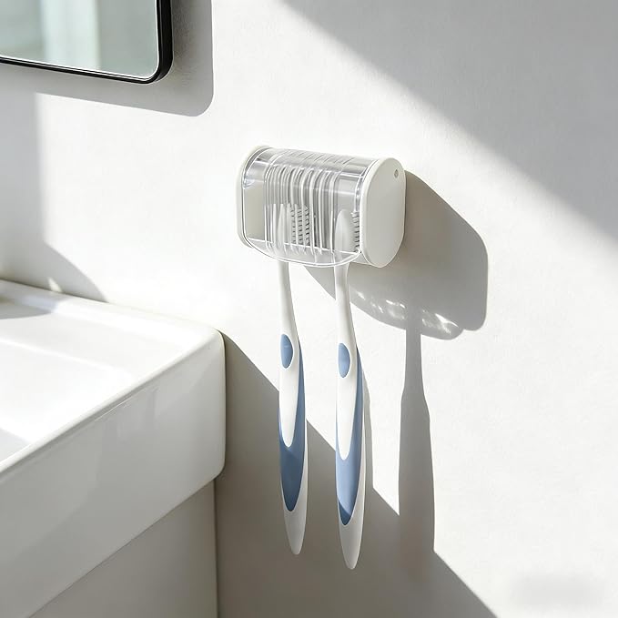 1 Pack Toothbrush Holder Wall Mounted with Cover for Bathroom, 2 Slots Toothbrush Storage Organizer for Shower, Self Adhesive Toothbrush Hanger (White)