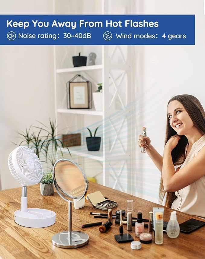 Primevolve Portable Fan,Battery Operated Rechargeable USB Fan with Remote, Foldable Floor Table Desk Pedestal Fan for Bedroom Camping Travel,White 7.7"