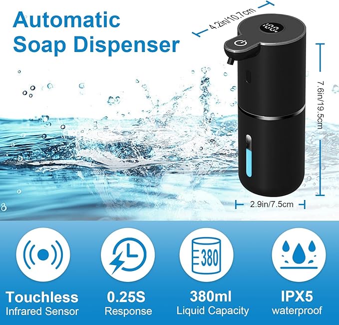 OHIFAST 2 Pack Automatic Foaming Soap Dispenser Touchless, USB Rechargeable Smart Hand Soap Dispenser, 6-Level Adjustable, 12.8oz/380mL, Compatible with Thick Thin Dish Soap for Bathroom Kitchen-Black