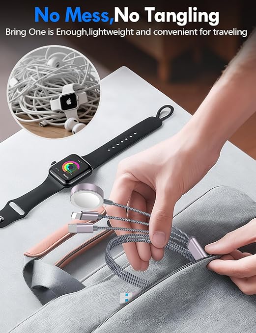 1Pack Multi Charging Cable Cord for Travel Essentials,Apple Watch Charger,iPhone Charger,[3-in-2] Type C/L Cable Portable Designed for iWatch,iPhone 17-8,Galaxy S25-21,AirPods,iPad-4FT Gray
