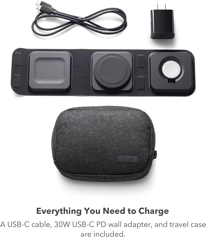 Mophie 3-in-1 Travel Charger v2 with MagSafe - Portable Wireless Charging Hub, Compatible with Apple Devices, iPhone 17/16/15/14/13/12, Apple Watch Series 11 to 1 & Ultra, AirPods Pro/3rd Gen, Black