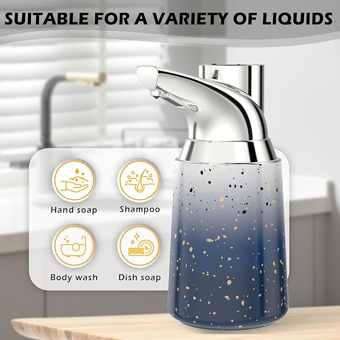 Adjustable Automatic Soap Dispenser Touchless, Ceramic Material，4 Adjustable Levels， Type-c Rechargeable Operated Sensor Liquid Soap Pump，Touch-Free Hand Sanitizer Dispenser (Starry Silver)
