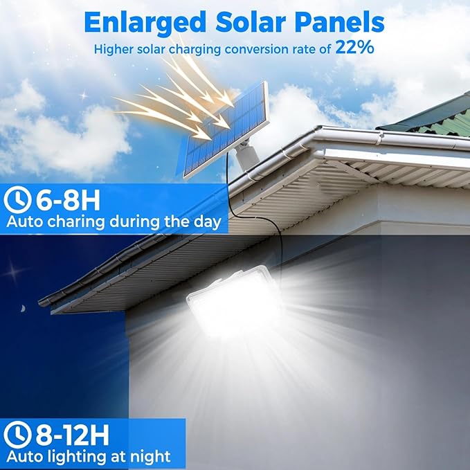 Peasur 1 Pack Solar Motion Lights Outdoor, 318 LED Solar Security Light with 3 Modes, IP65 Waterproof Powered Flood Lights for Outside Garage Yard, (Cool Light, White Frame)