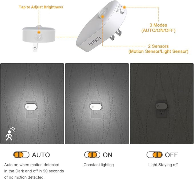 Lyridz 120LM Ultra Bright Plug-in Motion Sensor Night Light, Stepless Dimmable LED Nightlight, Always-On and Auto-Off, for Hallway, Stairs, Bathroom, Bedroom, Garage, Cool White (4-Pack)