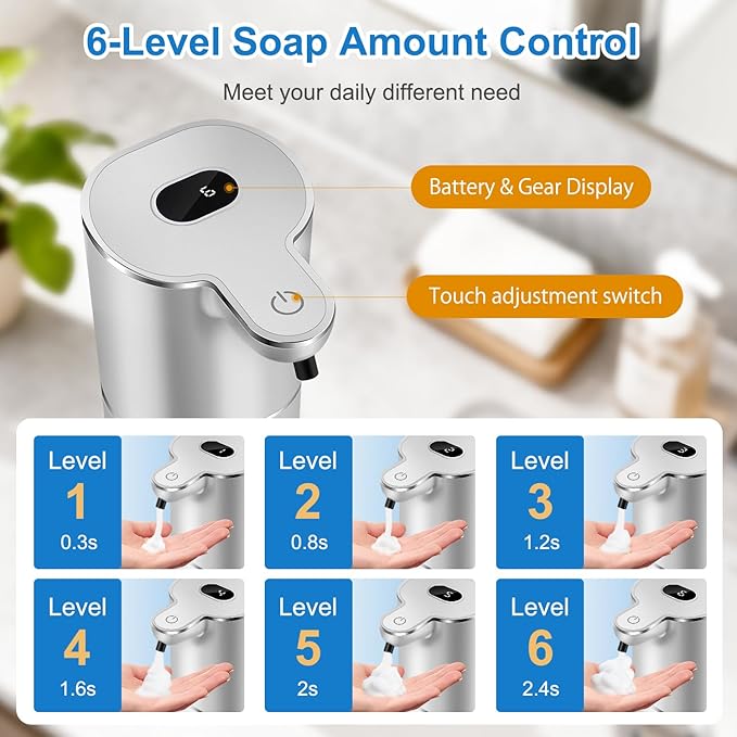 Automatic Foaming Soap Dispenser with Digital Display, 6-Level Foam Adjustable, Rechargeable, 12.8oz/ 380ml Wall Mounted Touchless Hands Free Auto Dispenser for Kitchen, Bathroom, Hotel, Restaurant