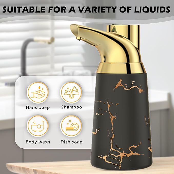 Adjustable Automatic Soap Dispenser Touchless, Ceramic Material，4 Adjustable Levels， Type-c Rechargeable Operated Sensor Liquid Soap Pump，Touch-Free Hand Sanitizer Dispenser (Black Gold)
