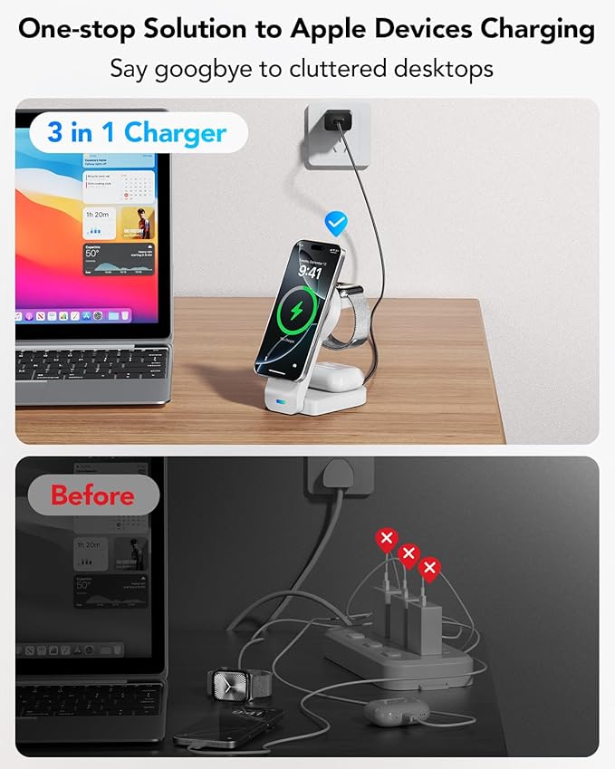 3 in 1 Wireless Charging Station Compatible with Apple,Foldable Magnetic Wireless Charger for iPhone 17/16/15/14/13/12,Apple Watch Series 11/Ultra 3/SE 3/10/9/8/7/6/5/4,Air-Pods Pro 3/4/3/Pro/2(White)