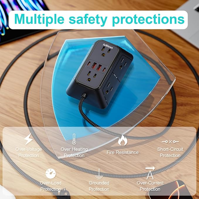 Surge Protector Power Strip with 6 Widely AC Outlets 4 USB Ports(2 USB C), 5 Ft Braided Power Cord, 3-Side Outlet Extender with Overload Protection for Office, Home, Travel Essential