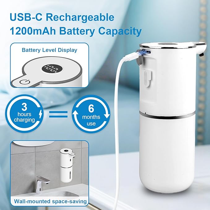 OHIFAST 2 Pack Automatic Liquid Soap Dispenser Touchless, USB Rechargeable Smart Hand Soap Dispenser, 6-Level Adjustable, 12.8oz/380mL Wall Mount for Bathroom Kitchen Dish Soap-White